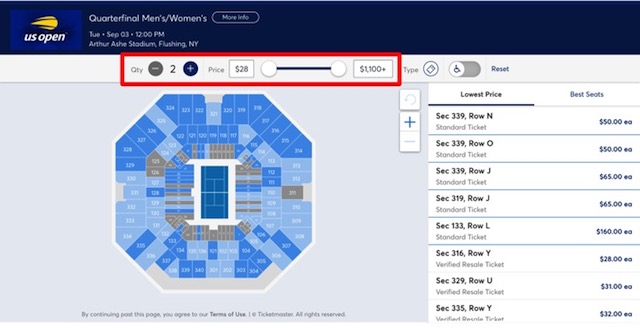 US Open tennisのチケット購入画面